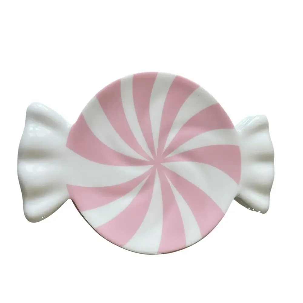 Peppermint Candy Shaped Melamine Christmas Appetizer Plate Set 4 PINK & White